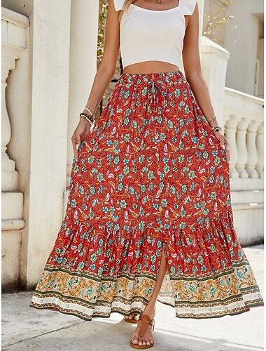  Dames Rok A-lijn Schommel Bohemen Modieus Casual Maxi Hoge taille Rokken Bloemig Afdrukken Micro-elastisch Straat Dagelijks Rood Marineblauw Groen Zomer Polyester
