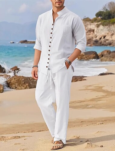  Hombre camisa de lino 2 Piezas Conjunto de camisa Camisa de verano Conjuntos a juego Camisa de playa Plano Vacaciones Maldición Negro Blanco Azul Piscina Manga Larga Escote Chino Primavera verano Ropa