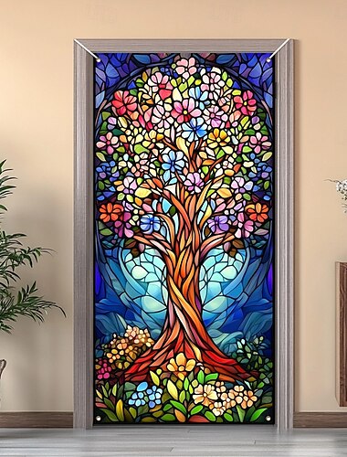  Decoraciones de puerta con efecto de vidrieras, cubiertas de puerta, tapiz de puerta con árbol de la vida, cortina de puerta, decoración de fondo, pancarta de puerta interior/exterior para puerta de