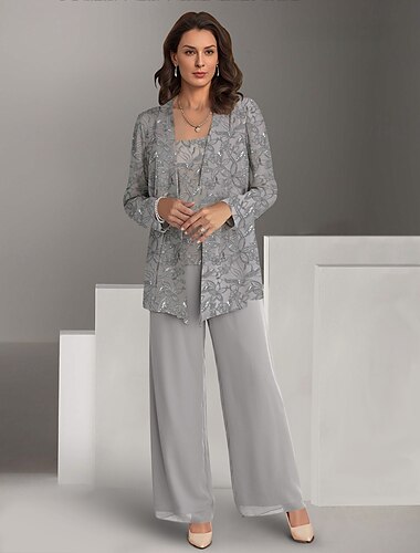 Silver Grön Blå Formell Byxdress Strandbröllop 3 Delar Brudens mor Elegant Juvelhals Chiffon Lång ärm Wrap ingår Spets Broderi Solid färg 2025