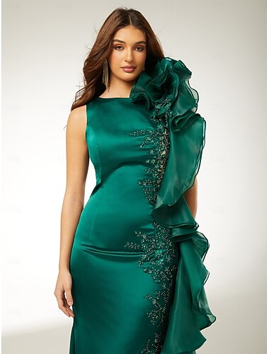  Meerjungfrau/Trompete Abendkleid elegantes Kleid Verlobung Sweep/Pinselschleppe ärmellos bodenlang Rundhals Herbst Hochzeitsgast Stretch Satin mit Applikationen 2025