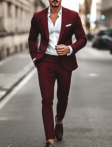  Trajes informales para hombres Trajes de regreso a casa Negro Burdeos Ropa de trabajo Estilo callejero Color sólido Ajuste estándar de 2 piezas de un solo botón