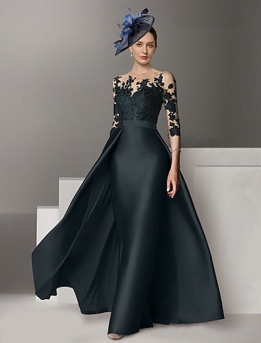  Ä-Linie Abendkleid Elegantes Kleid Hochzeitsgästin Sweep  Brush Zug Langarm Rundhals Stretch-Satin mit Applikationen 2025