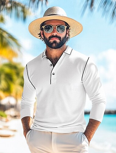  Men's Polo Shirts Golf Shirt Casual Holiday Lapel Long Sleeve Vacation Basic Plain Buttons Pocket Spring &  Fall Regular Fit White Yellow Blue Light Grey Army Green Polo Shirts