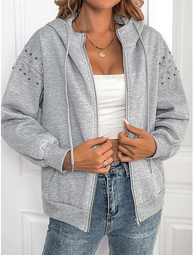  Damen Hoodies mit Reißverschluss Glatt Modern Bequem Langarm Mit Kapuze Normale Oberteile Casual Patchwork Zip Tasche Grau Frühling Herbst Winter