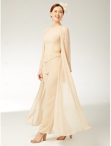  Jumpsuits 3-teilig Strandhochzeit Mutter der Braut Eleganter Plus-Size Wickel inklusive Bateau-Ausschnitt Bodenlanger Chiffon langer Ärmel Wickel mit Perlen 2025