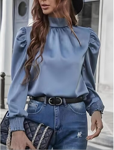  Women's Shirt Blouse Solid Color Elegant Casual Long Sleeve Turtleneck Regular Tops Wedding Guest Work Ruched Blue Rose Pink Summer Spring