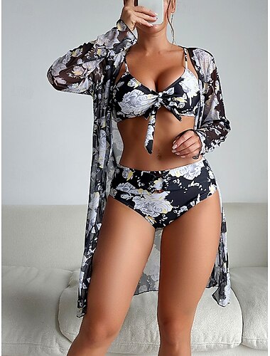  Femme Maillots de Bain Trois pièces Maillot de bain Contrôle du Ventre Taille haute Vacances Tenues de plage Graphic Col V manche longue Maillots de bain