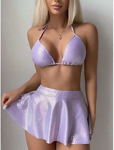  Mujer Bañadores Bikini Tres piezas Falda Traje de baño Espalda al Aire Delgado Vacaciones Ropa de playa Color sólido Cuello halter Sin Mangas Trajes de baño