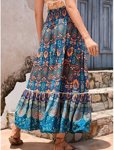  Damen langer Rock Maxiröcke plissiert Grafik Street Alltag Frühling Vintage Mode ethnisch marineblau rot blau