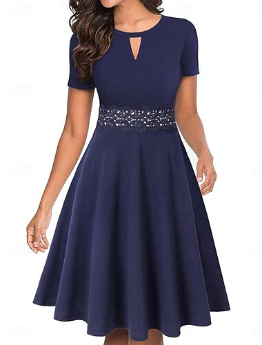  Damen Patchwork Vintage Kleid Midikleid elegant schlicht Rundhals Kurzarm Urlaub Alltag Schwarz Wein