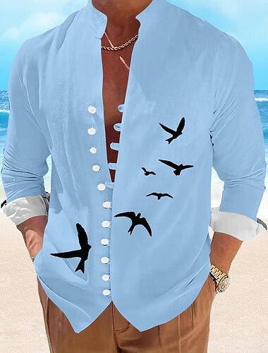 Herren Vogel Lässiges Hemd Hawaiihemd Sommerhemd Aloha-Shirt Kurzarm Hawaiianisch Resort Urlaub Casual Sommer Frühling Stehkragen Knopf hoch Schwarz Weiß Blau Braun