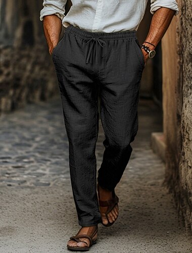  Homme Pantalon en lin Pantalon Poche Cordon Plein Confort Respirable du quotidien Vêtement de rue Rétro Vintage mode Kaki clair Noir Micro-élastique