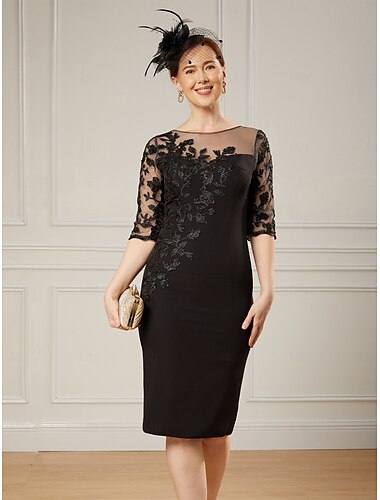  Korte  Kolom Moeder van de Bruid Jurk Elegante Illusie Hals Knie Lengte Korte  Mini Kant Rekbare Stof Halve Mouw met Parels Borduursel Derby Jurk Race Dag Jurk 2025