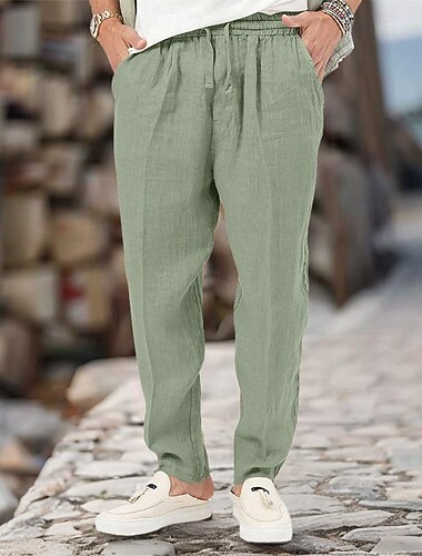  Hombre Pantalones de lino Pantalones Pantalones de verano Correa Cintura elástica Pierna recta Plano Comodidad Transpirable Longitud total Casual Diario Festivos Estilo clásico Retro Antiguo Negro