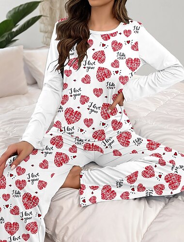  Dam Pyjamas set Ledigt Komfort Comfrt Hjärta T-shirt Byxa Hem Alla hjärtans dag Dagligen Långärmad Rund hals Vit Vår Höst Vinter