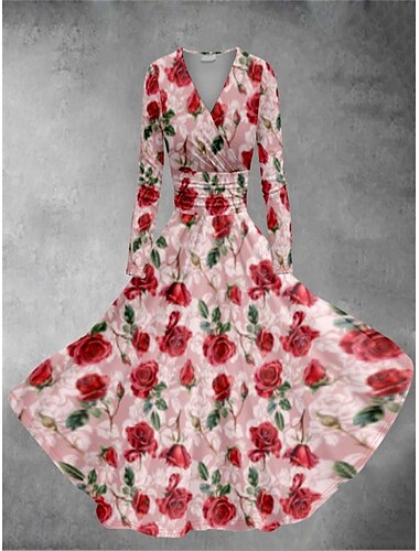  Damen-Valentinstag-Herzkleid mit Grafikdruck, V-Ausschnitt, Fledermausärmeln, Midikleid, Vintage, Valentinstag, Alltag, lange Ärmel, Frühling, Herbst