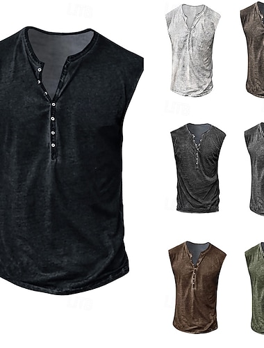  Voor heren Singlet Henley-shirt Mouwloos Henley Zomer Afdrukken Vintage Bleek Knop Casual Vakantie Zwart Wit Geel Top T-shirt voor mannen