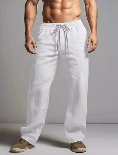  Bărbați Pantaloni de in Pantaloni Pantaloni de vară Pantaloni de plajă Talie elastică Cordon Picior drept Simplu Confort Respirabil Lungime totală Casual Zilnic Concediu Modă Stil Clasic Negru Alb
