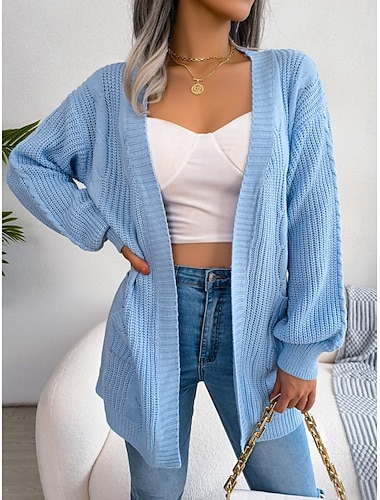  Damen Pullover Strickjacke Brautkleider schlicht Weich Einfarbig Gedrehtes Öffnung vorne Tasche Strick Langarm Lange Oberteile Stricken Outdoor Täglich Wochenende Blau Aprikose Herbst Winter