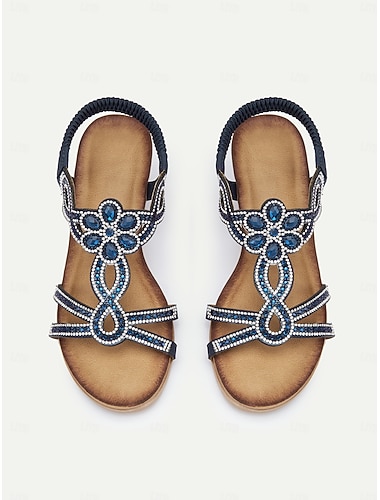  Women's Rhinestone Wedge Sandals with Elastic Strap, Elegant Beaded Open-Toe Design for Summer, Perfect for Casual and Party Wear