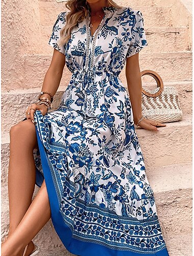  Női Szabályos Maxiruha Boho elegáns ruhák Boho ruha Csehország Vakáció Tengerpart Normál Grafika Rövid ujjú V-alakú Medence Nyár