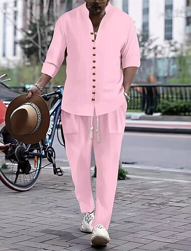  Herren 2 Stück Hemden-Set Passende Sets Lässiges Hemd Knopfhemd Weiß Rosa Kaki Grau Langarm Glatt Stehkragen Urlaub Strasse Bekleidung Modisch Brautkleider schlicht