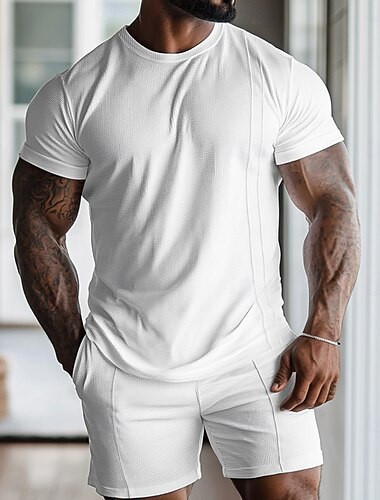  Hombre Camisa de gofres 2 Piezas Trajes de camiseta Tee Manga Corta Pantalones cortos Cuello Barco Primavera verano Plano Moda Design Básico 2 Piezas Vacaciones Calle Noche Negro Blanco Gris Camiseta