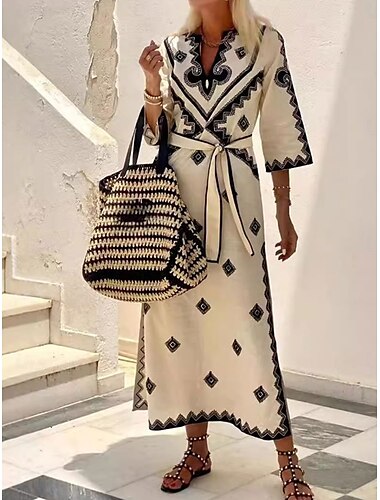  Damen Maxidress Boho Chic Kleider A Linie Kleid Elegant Böhmen Kuschelig Urlaub Täglich Strand Regular Fit Graphic Halbe Ärmel V Ausschnitt Grün Beige Grau Herbst Winter
