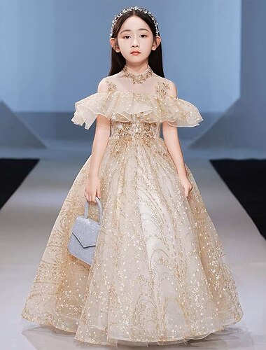  Blomsterpigekjole børn Pige Prinsesse kjole Ydeevne Bryllup Fest Elegant Smuk Pailletter Net Helfarve Uden ærmer Rund hals Champagne Blå 4 år +