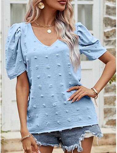  Per donna maglietta Liscio Di tendenza Moderno Informale Manica corta Manica a sbuffo A V Top regolari Giornaliero Fine settimana Rosa Blu Beige Estate