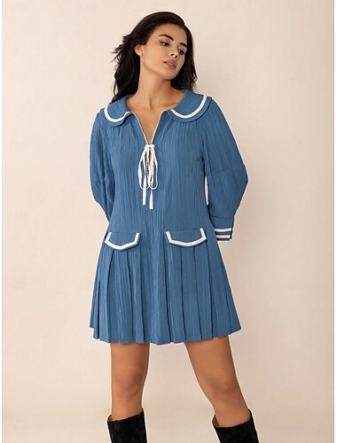  Silvester Damen Minikleid Casual kleid Elegant Vintage Brautkleider schlicht Eine Glocke Heim Neujahr Arbeit Formschluss Langarm Krawattenhals V Ausschnitt Blau Sommer Frühling Herbst Winter