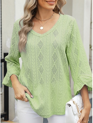  Per donna Camicia Blusa Tinta unica Essenziale Informale Manica a 3/4 A V Top regolari Giornaliero Occhiello Rosa Blu Verde Primavera Autunno