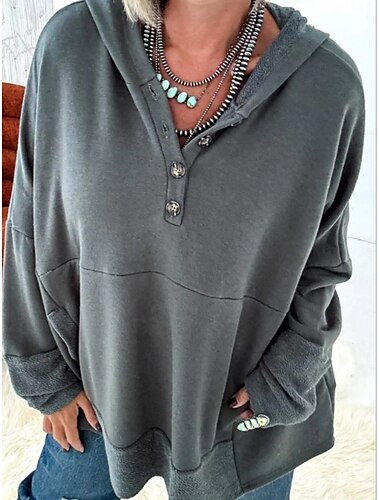  Damen Pullover mit Kapuze Sweatshirt Glatt Brautkleider schlicht Langarm Mit Kapuze Normale Oberteile Strasse Alltagskleidung Knopf Rote Hell Gray Dunkelgray Frühling Herbst