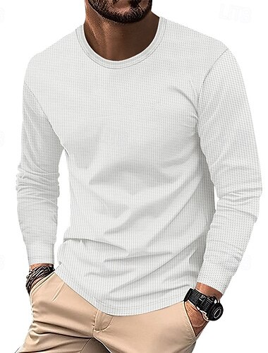  Voor heren T-shirt T-shirts Wafelgebreid T-shirt Shirt met lange mouwen Lange mouw Strakke ronde hals Lente & Herfst Effen Modieus Ontwerper Basic Klassiek Vakantie Straat Uitgaan Zwart Wit Khaki Top