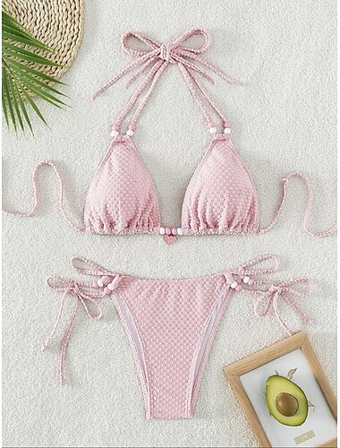  Damen Badeanzug Bikinis 2 Stück Tanga-Bikinihose Bademode Rückenfrei Schlank Urlaub Strandbekleidung Feste Farbe Halfterhals Ärmellos Badeanzüge