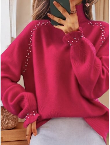  Damen Pullover Brautkleider schlicht Weich Einfarbig Gerippt Rollkragen Perlenbesetzt Strick Langarm Normale Oberteile Stricken Outdoor Täglich Wochenende Schwarz Weiß Herbst Winter