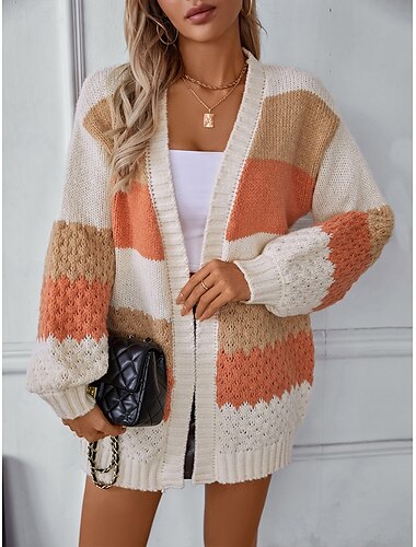  Damen Pullover Strickjacke Elegant Modisch Strassenmode Gestreift Öffnung vorne Strick Langarm Normale Oberteile Stricken Outdoor Täglich Wochenende Purpur Orange Herbst Winter