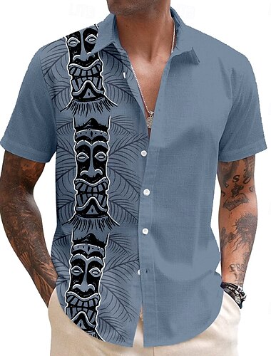  Herren Maske Bandana-Druck Tiki Lässiges Hemd Knopfhemd Aloha-Shirt Kurzarm Stamm Festtage Sommer Frühling Umlegekragen Knopf hoch Blau Grün Beige Grau