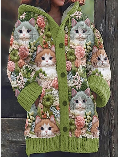  Damen Pullover Strickjacke Brautkleider schlicht Weich Blumen Tier Gerippt Mit Kapuze Knopf Tasche Strick Langarm Normale Oberteile Stricken Outdoor Täglich Wochenende Grün Khaki Herbst Winter
