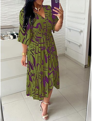  Damen Maxidress Casual kleid Schaukelkleid A Linie Kleid Brautkleider schlicht Täglich Regular Fit Graphic 3/4 Ärmel V Ausschnitt Blau Khaki Armeegrün Sommer Frühling Herbst