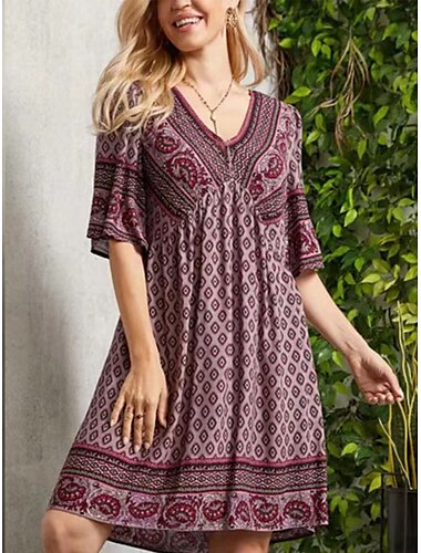  Dámské Mini šaty Volnočasové šaty Áčkové šaty Boho šaty Čechy Geleneksel Na běžné nošení Dovolená Denní Běžný Květinový 3/4 délka rukávu Do V Fialová Fuchsiová Trávová zelená Jaro Podzim