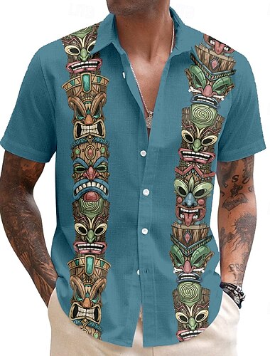  Herren Maske Bandana-Druck Tiki Lässiges Hemd Knopfhemd Aloha-Shirt Kurzarm Stamm Festtage Sommer Frühling Umlegekragen Knopf hoch Schwarz Rosa Blau Grün