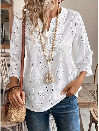  Vrouwen Witte Elegante Kant Tops Oogjes Blouse Casual Effen Kleuren Reguliere Tops Lange Mouw Ingesneden Hals Oogjes Reguliere Pasvorm Dagelijks Wit Romantisch Petite Tops Zomer Vakantie Kleding
