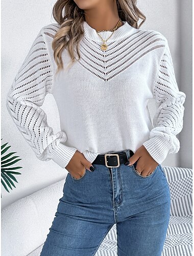  Per donna Felpa Informale Morbido Colore puro A coste Girocollo Lavorato a maglia Strappato Manica lunga Top regolari Maglia Esterno Giornaliero Fine settimana Bianco Arancione Autunno Inverno