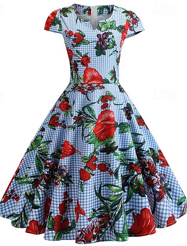  Elegant كلاسيكي 1950-tallet Kjoler Blomstret A-linje Dame Valentinsdag Fest Stevnemøte Te Fest Voksne Kjole Vår sommer