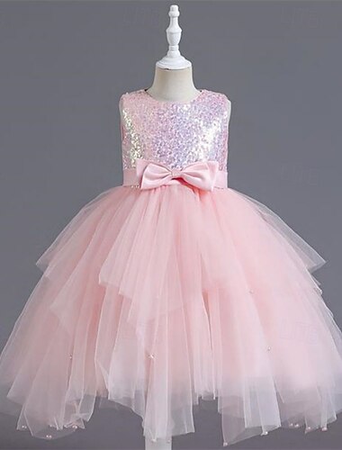  Flower Girl Dress Kid's Girls' Princess Dress Performance Wedding Party Elegant Beautiful Sequins Mesh Solid Color Sleeveless Crew Neck Champagne Pink 4 years+
