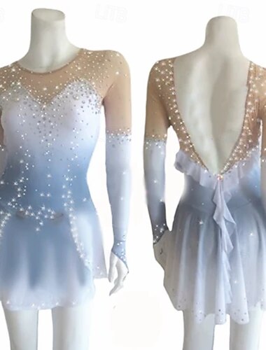 Eiskunstlaufkleid Damen Mädchen Eislaufen Kleid Himmelblau Weiß Offener Rücken Netzstoff Hohe Elastizität Training Wettbewerb Eiskunstlaufkleidung Klassisch Kristall / Strass Langarm Eislaufen