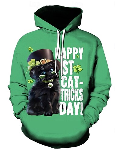  Pyhän Patrickin päivä Kissa Shamrock irlantilainen Huppari 3D Onnekas apila Edessä tasku Kuvitettu Käyttötarkoitus Pariskuntien Miesten Naisten Aikuisten Pyhän Patrickin päivä 3D-tulostus Juhla Rento