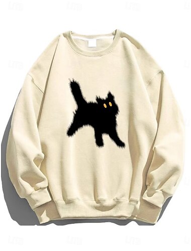  Damen Sweatshirts Katze Brautkleider schlicht Langarm Rundhalsausschnitt Normale Oberteile Strasse Alltagskleidung Bedruckt Weiß Beige Grau Herbst Winter